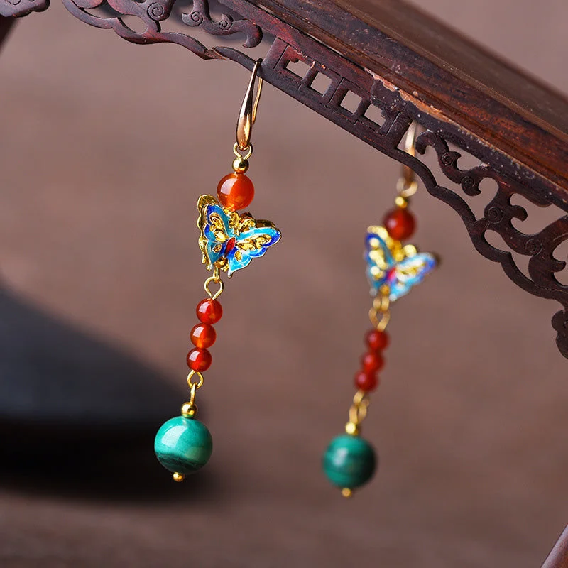 Malachite Bead Butterfly Protection Drop Earrings