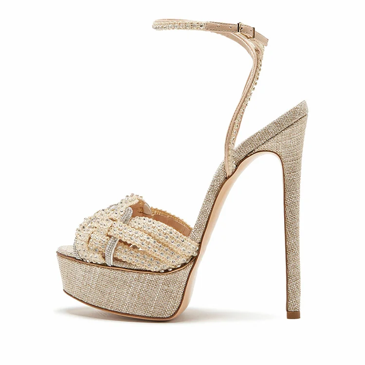 Beige Peep Toe Stiletto Heels Women'S Elegant Platform Pearl Sandal Wedding Rhinestones Shoes |FSJ Shoes