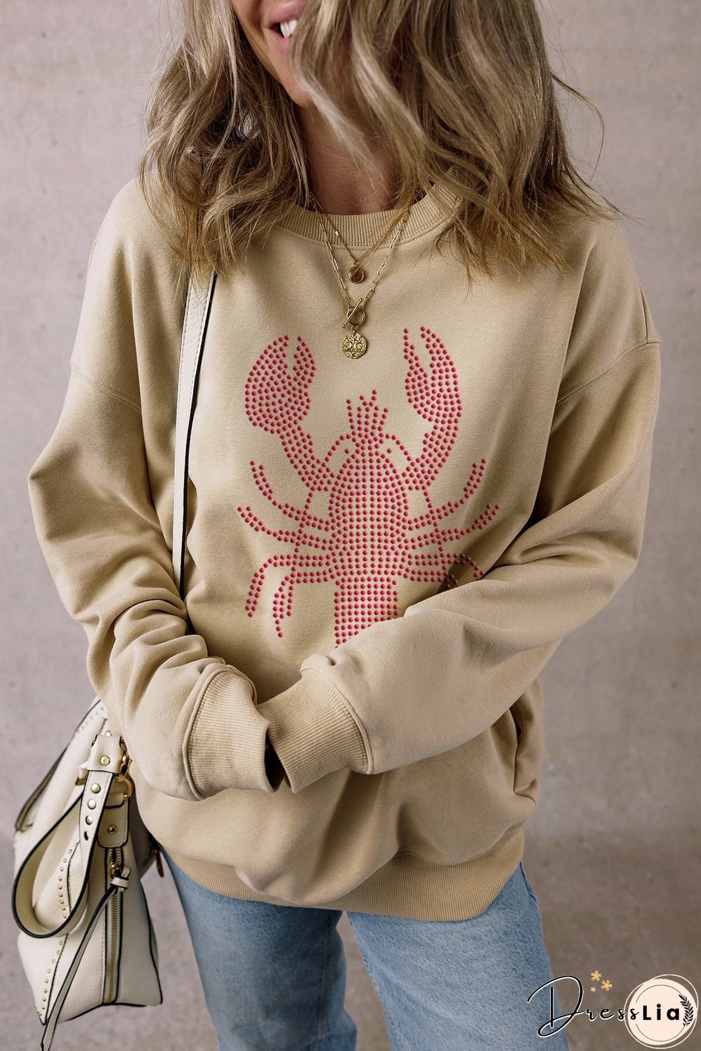 Parchment Rhinestone Crawfish Graphic Crewneck Oversized Sweatshirt
