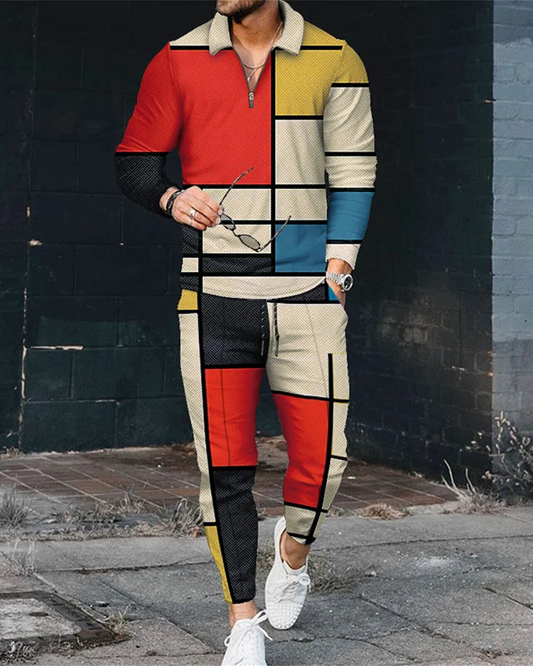 Men's Abstract Colorful Geometry Long Sleeve Zipped POLO Trousers Set  0263