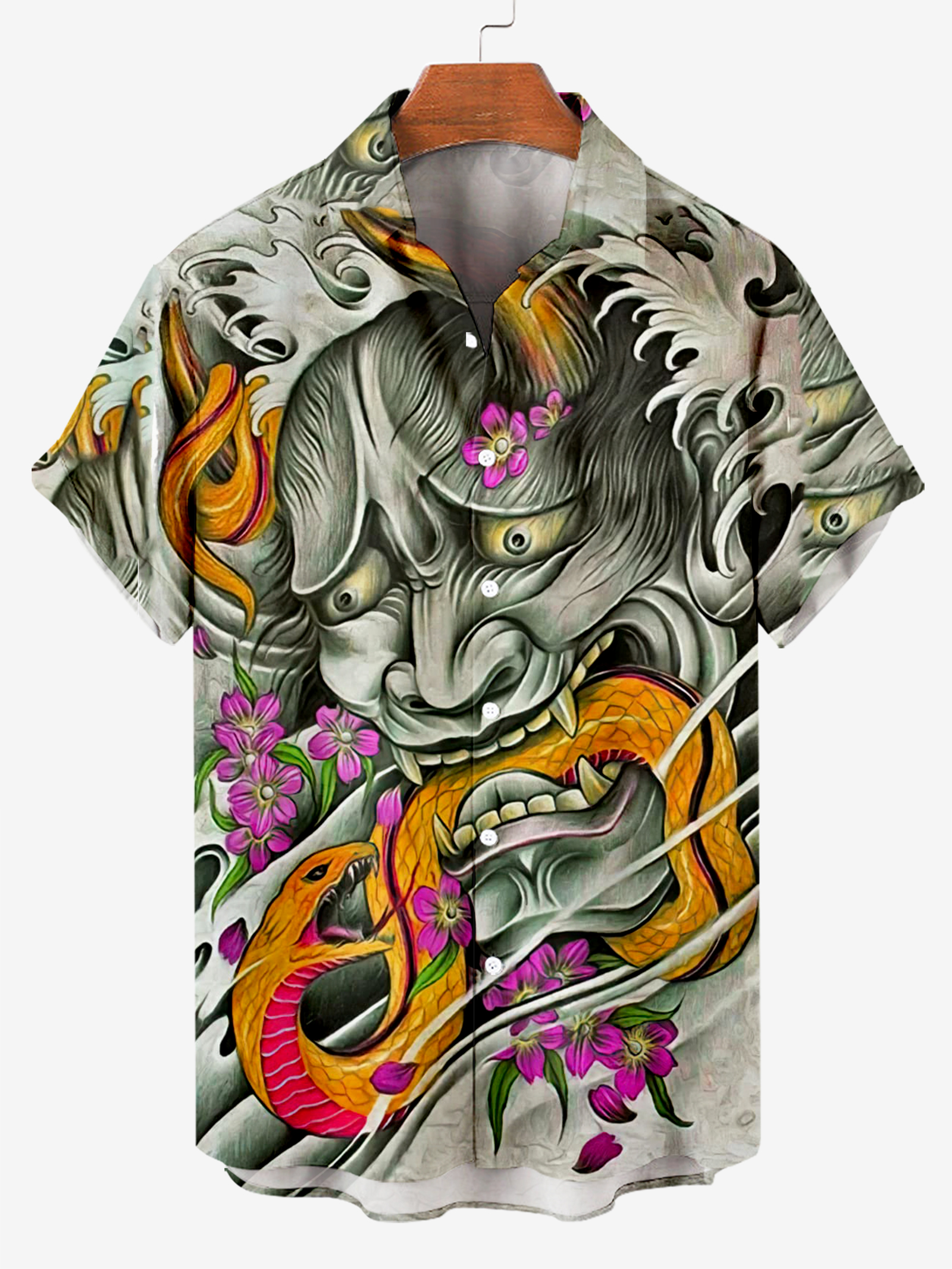 Men's Shirt Collar Gray Yellow Snake Mask Print Casual Short Sleeve Shirt PLUSCLOTHESMAN