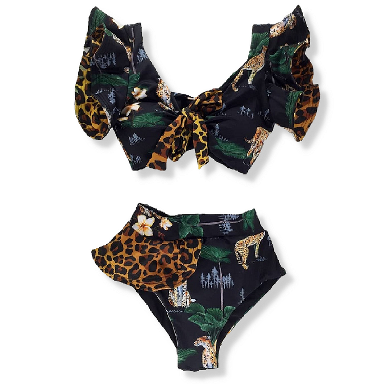Ruffle Sleeve Leopard Print High Waist Bikini Swimsuit Flaxmaker 
