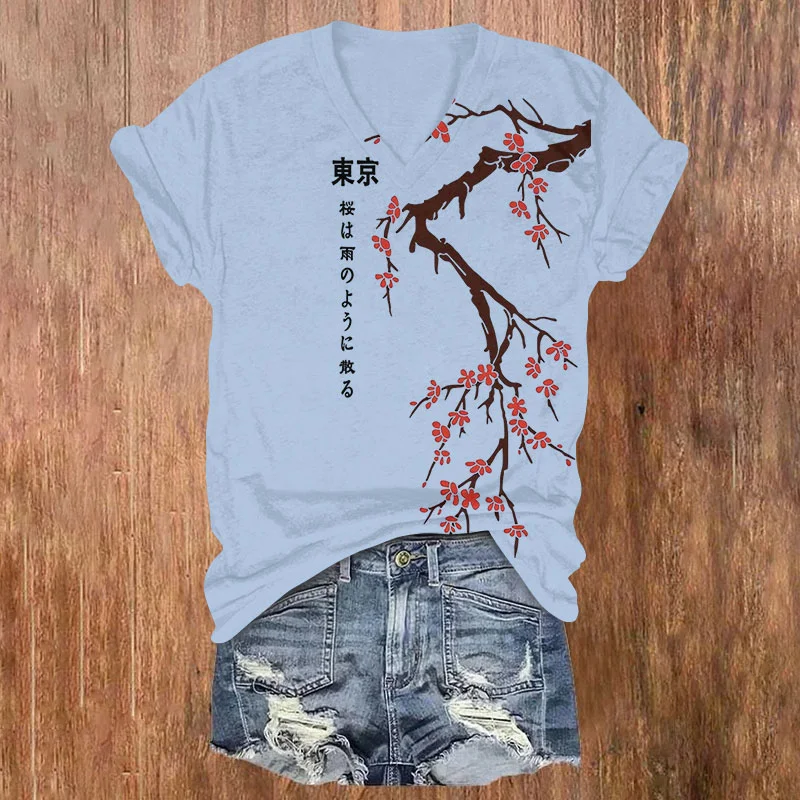 Tokyo Japanese Cherry Blossoms Print V-Neck T-Shirt