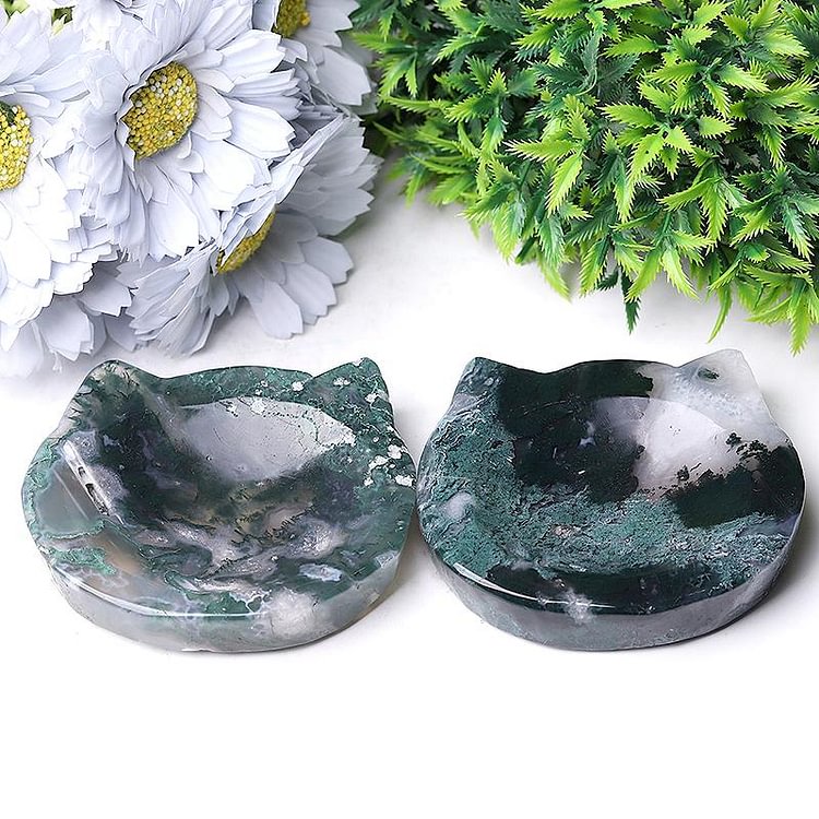 3.5" Moss Agate Cat Head Bowl Crystal Carvings Animal Bulk