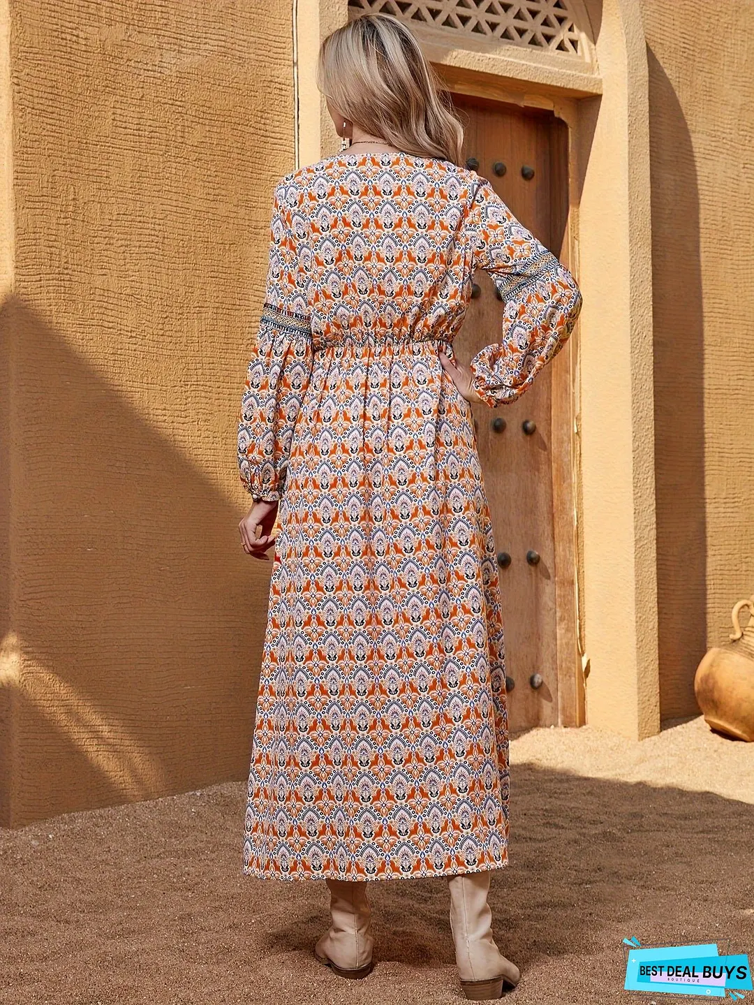 Boho Allover Print A-line Dress, Vintage Long Sleeve V Neck Dress For Spring & Fall, Women's Clothing