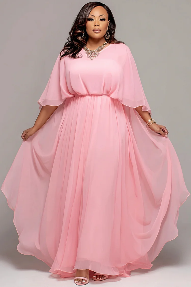 Xpluswear Design Plus Size Wedding Guest Pink Round Neck Short Sleeve Chiffon Maxi Dresses 2024 - Xpluswear