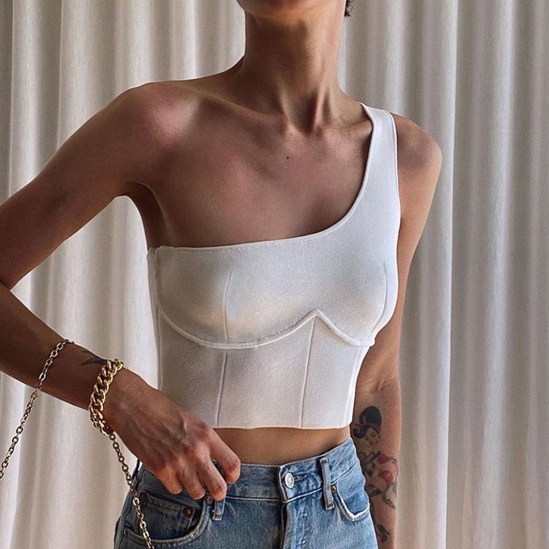 2021 Fashion One Shoulder Skinny Crop Top For Women T-shirts Tee Streetwear Wild Cropped Shirts Female Blusas Elegant Spring Top