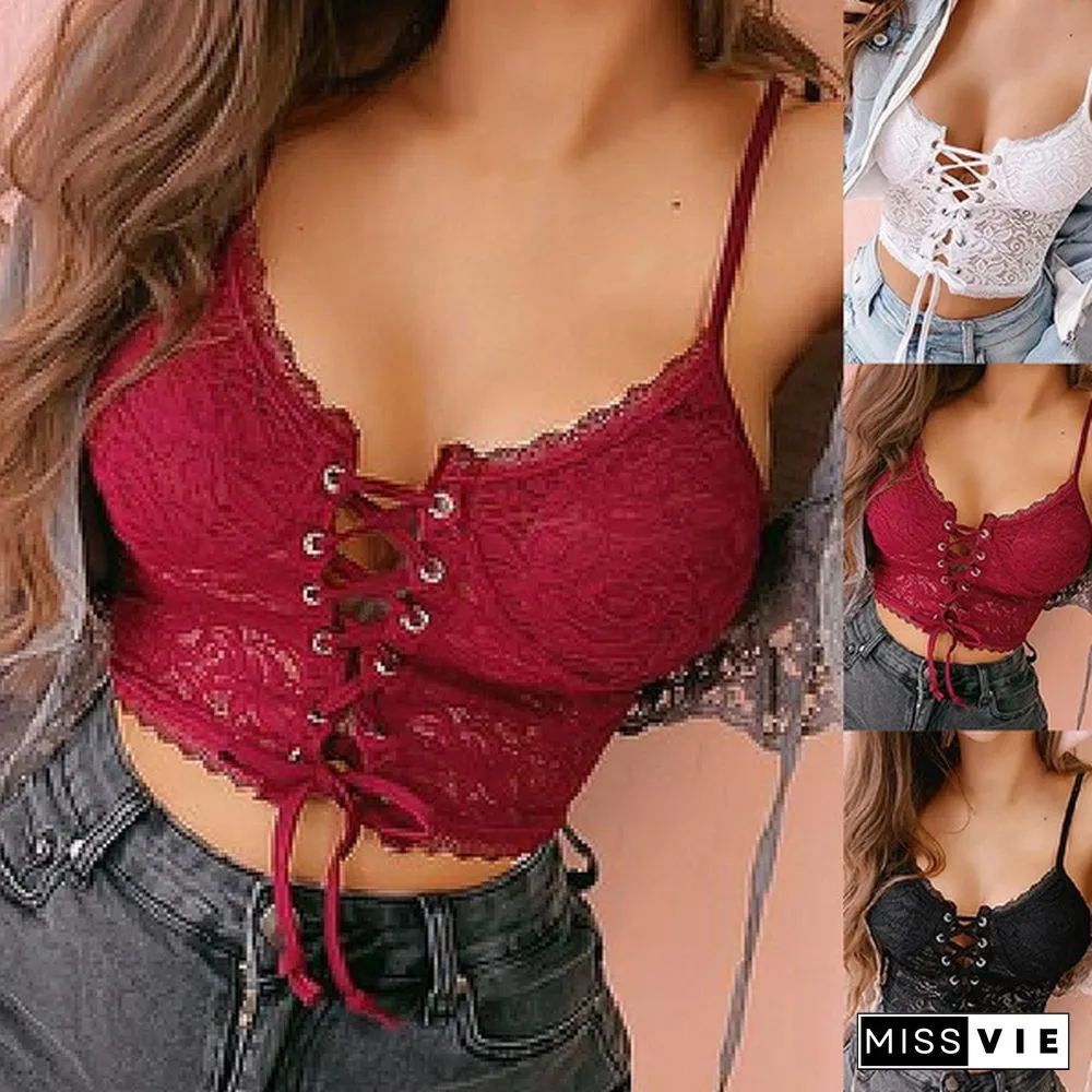 Women Fashion V-neck Sheer Tops Lace Floral Bralette Bandage Hollow Solid Color Slim Fit Top Bra