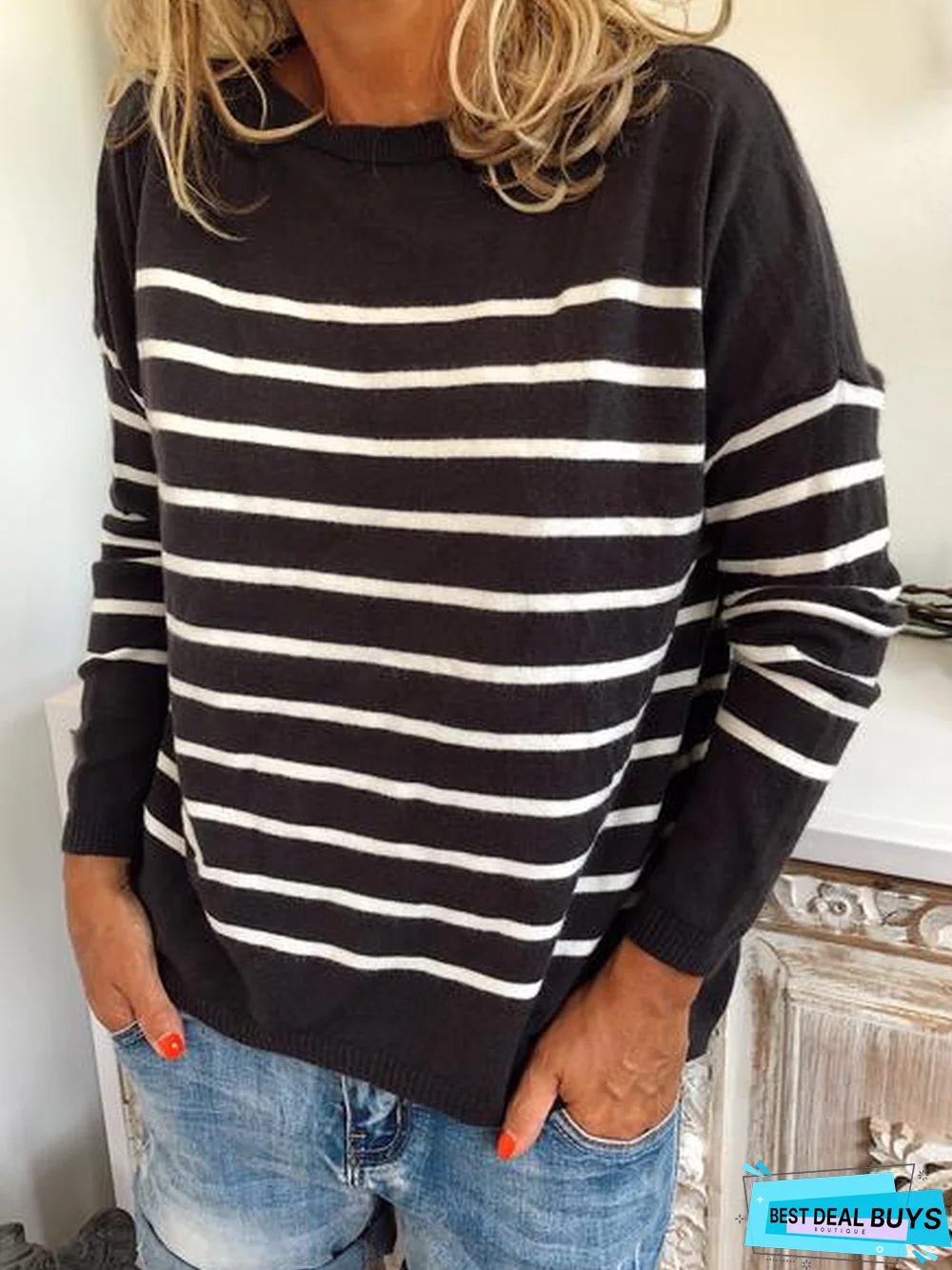 Bateau/Boat Neck Stripes Knitted Long Sleeve Sweater