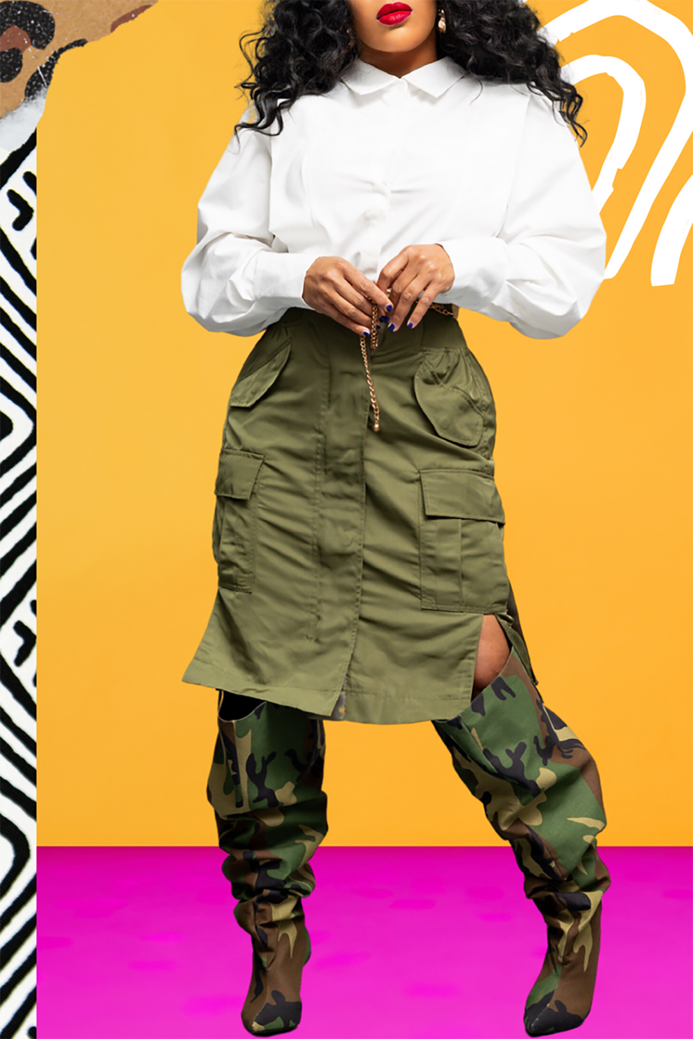 Plus Size Daily Olive Green Cargo Pocket Split Skirts [Pre-Order]