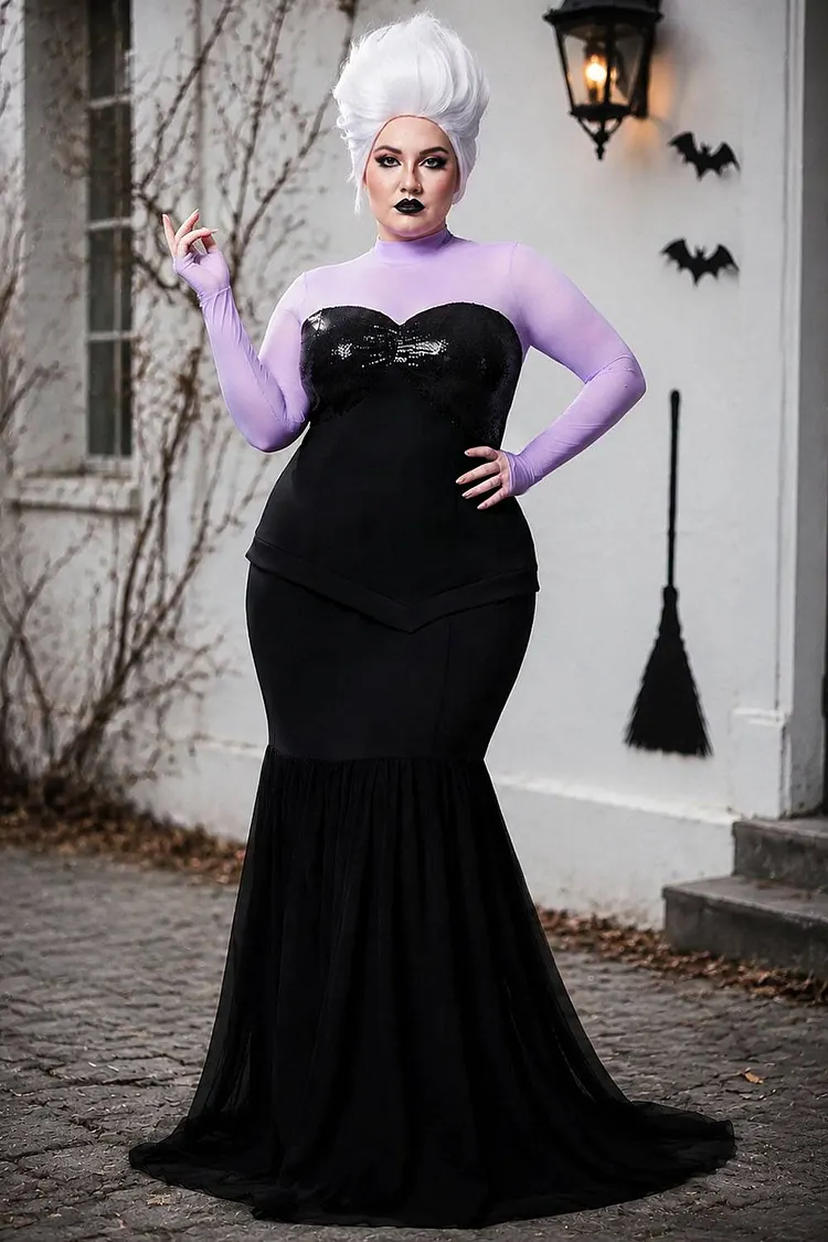 Xpluswear Design Plus Size Halloween Costume Black Cosplay Mesh Long Sleeve Sequin Knitted Maxi Dress(Ships in US) Black-XL/14-16