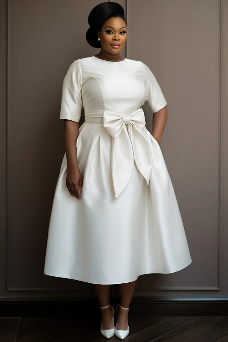 Xpluswear Design Plus Size Wedding White Elegant Round Neck Half Sleeve Pocket Bow Tie Satin Midi Dresses [Pre-Order] 2024 - Xpluswear