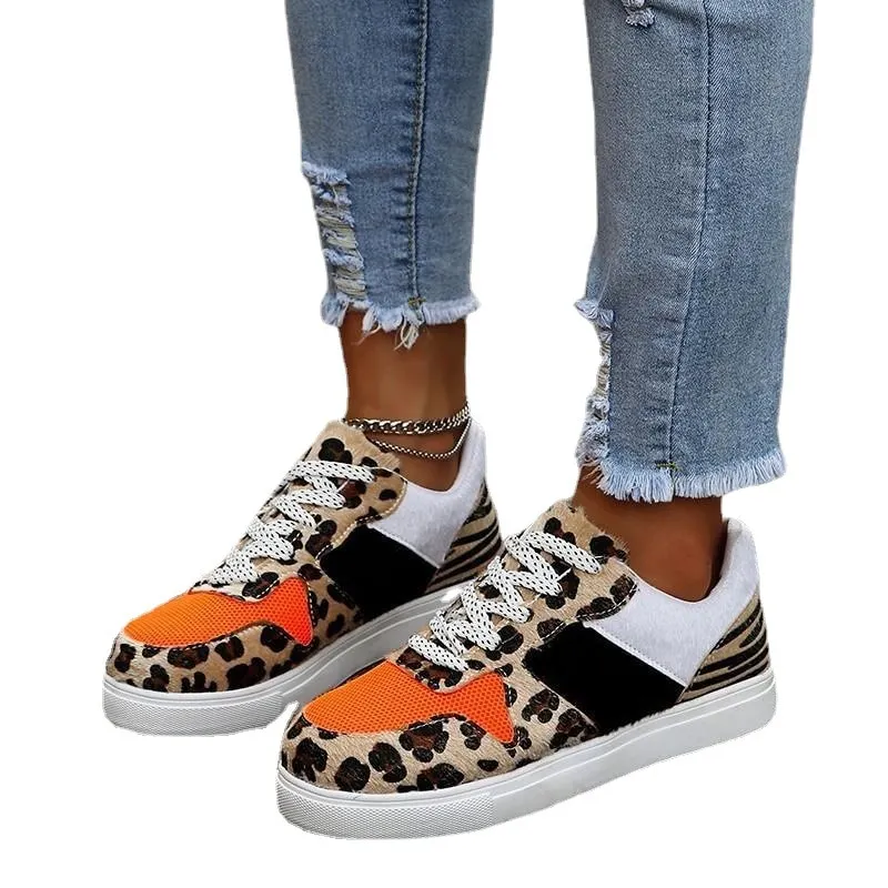 Qengg New Women's Casual Shoes Stylish Leopard Print Lace-Up Colorblock Sneakers Platform Comfort Vulcanized Shoes Tenis Respiravel