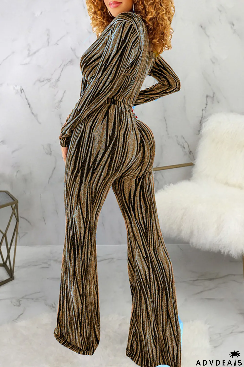 Black Sexy Print Bandage Patchwork V Neck Long Sleeve Two Pieces