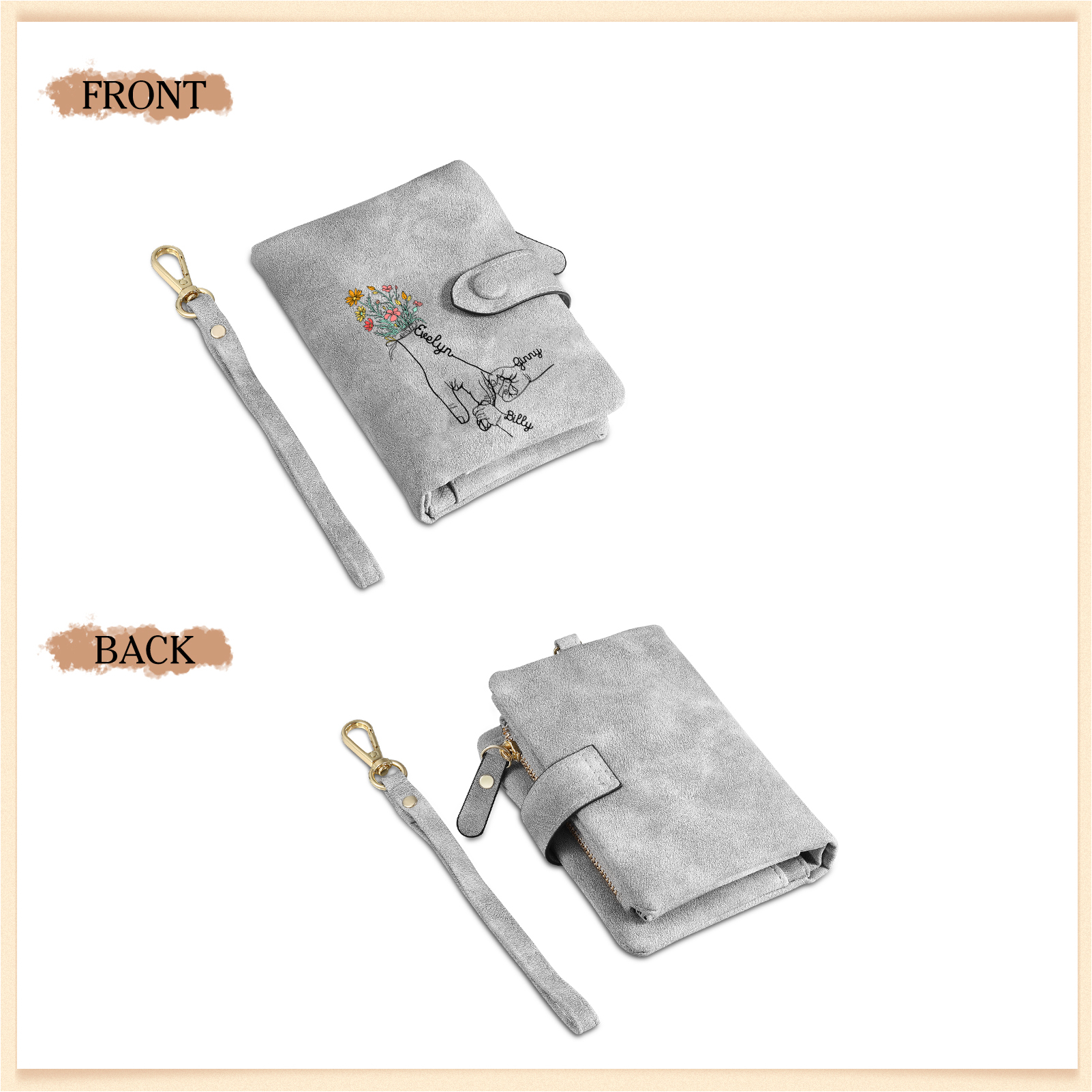 Portafoglio in PU pelle fiore mano con 3 nomi personalizzati per mamma/nonna
