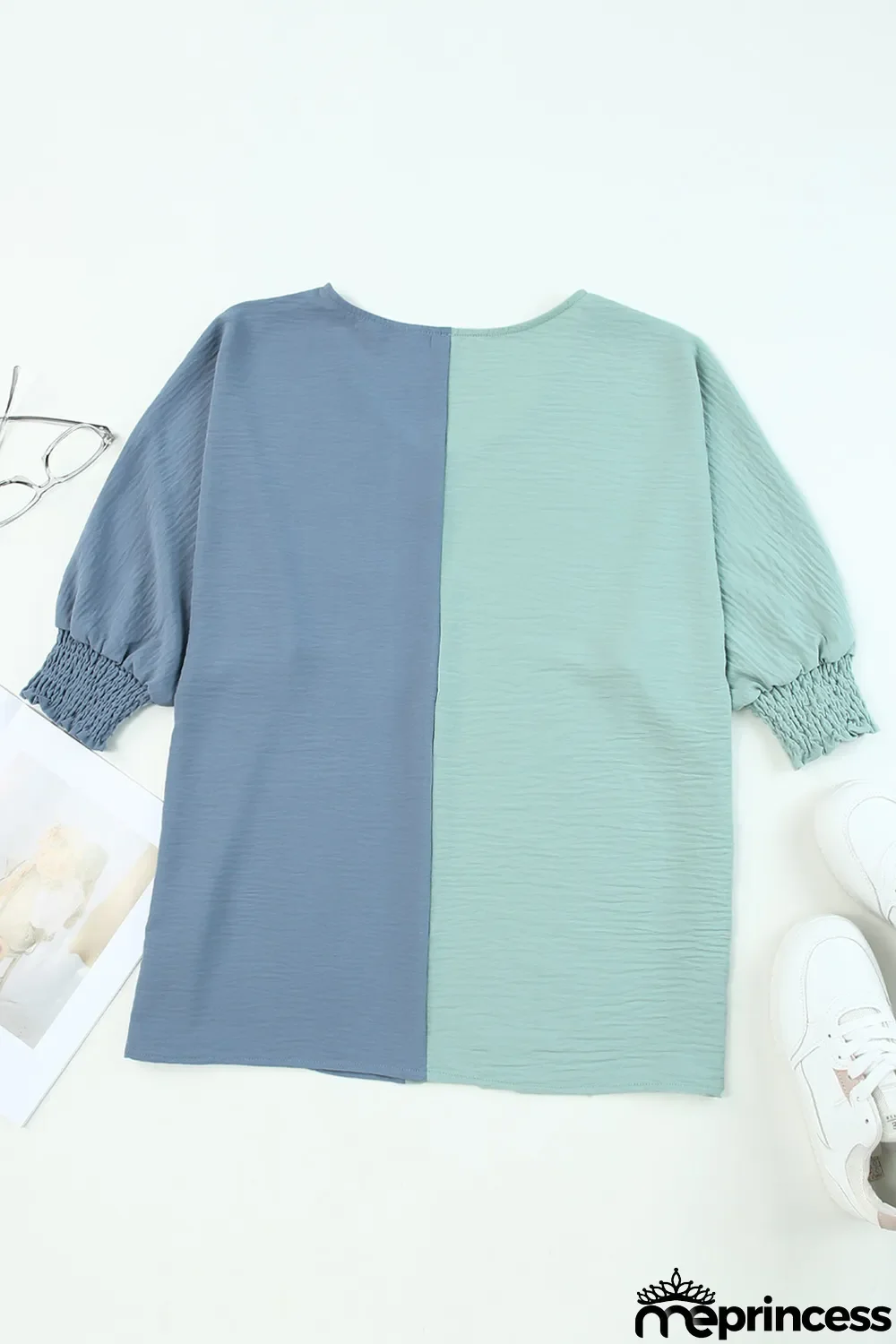 Green Color Block Shirred 3/4 Sleeve V Neck Top