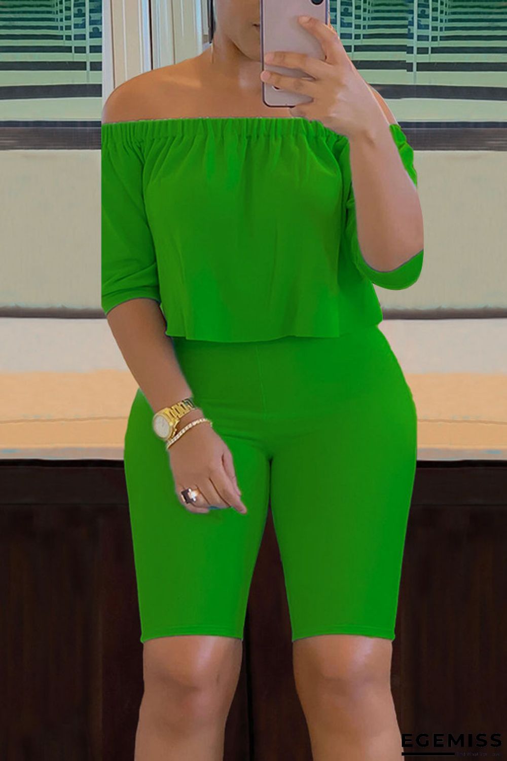 Green Casual Solid Patchwork Off the Shoulder Three Quarter Two Pieces | EGEMISS