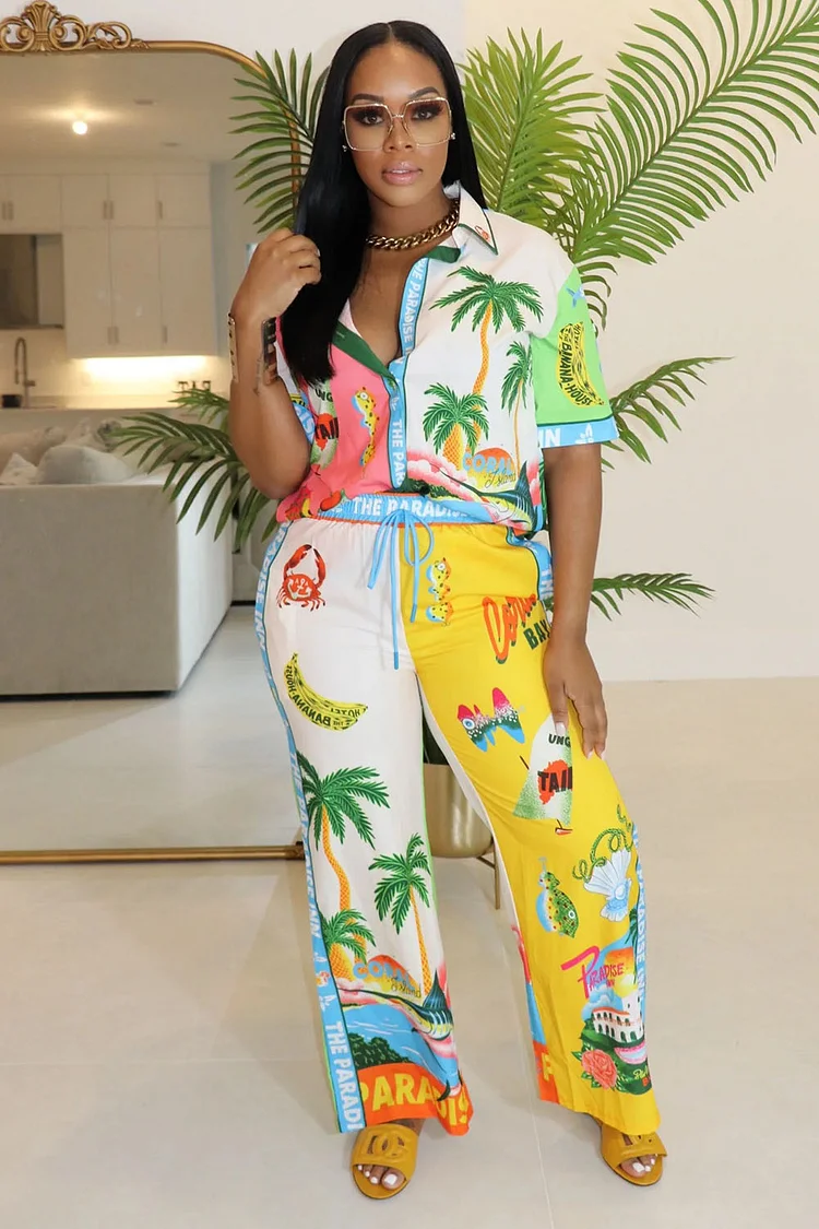 Beach Graphic Print Blouse Wide Leg Pants Vacation 2pcs Set-White