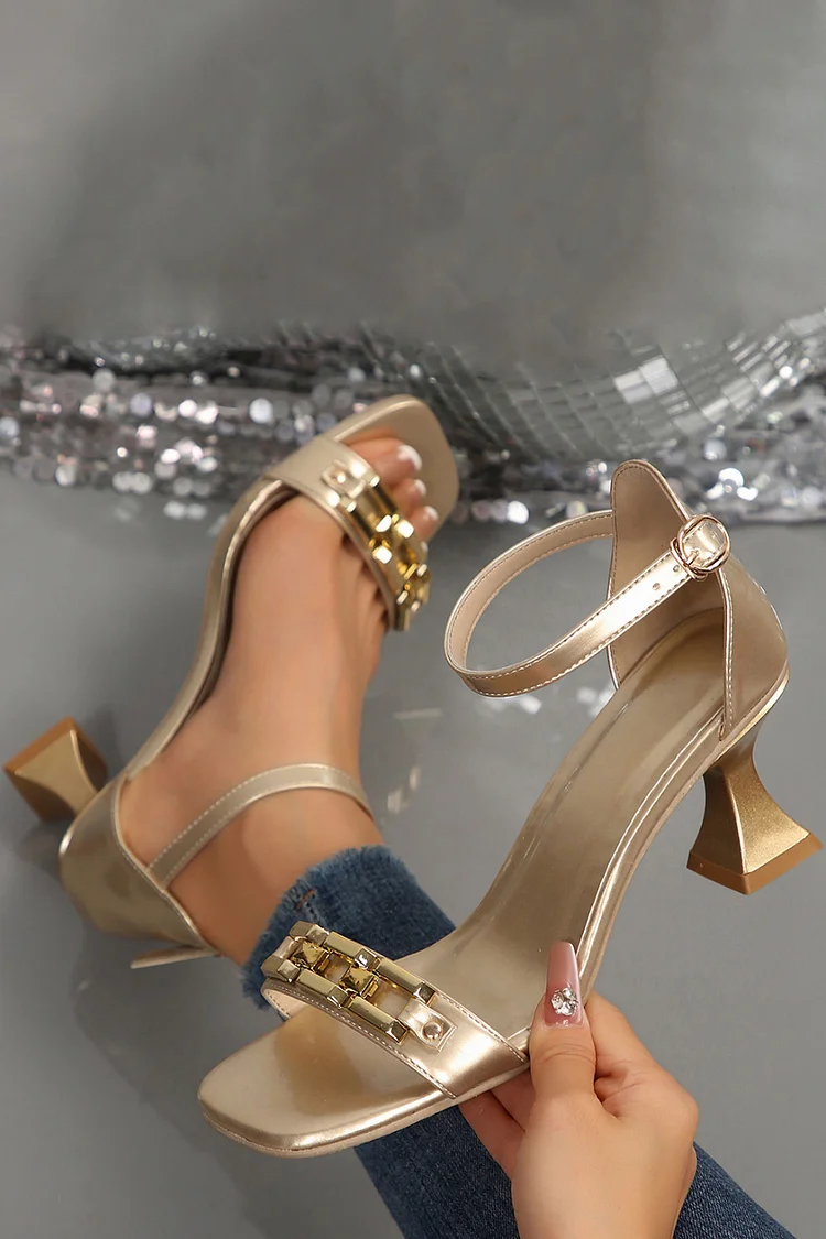Party Black Studded Buckle Decor Square Toe Chunky Heels Sandals 2024 - Xpluswear