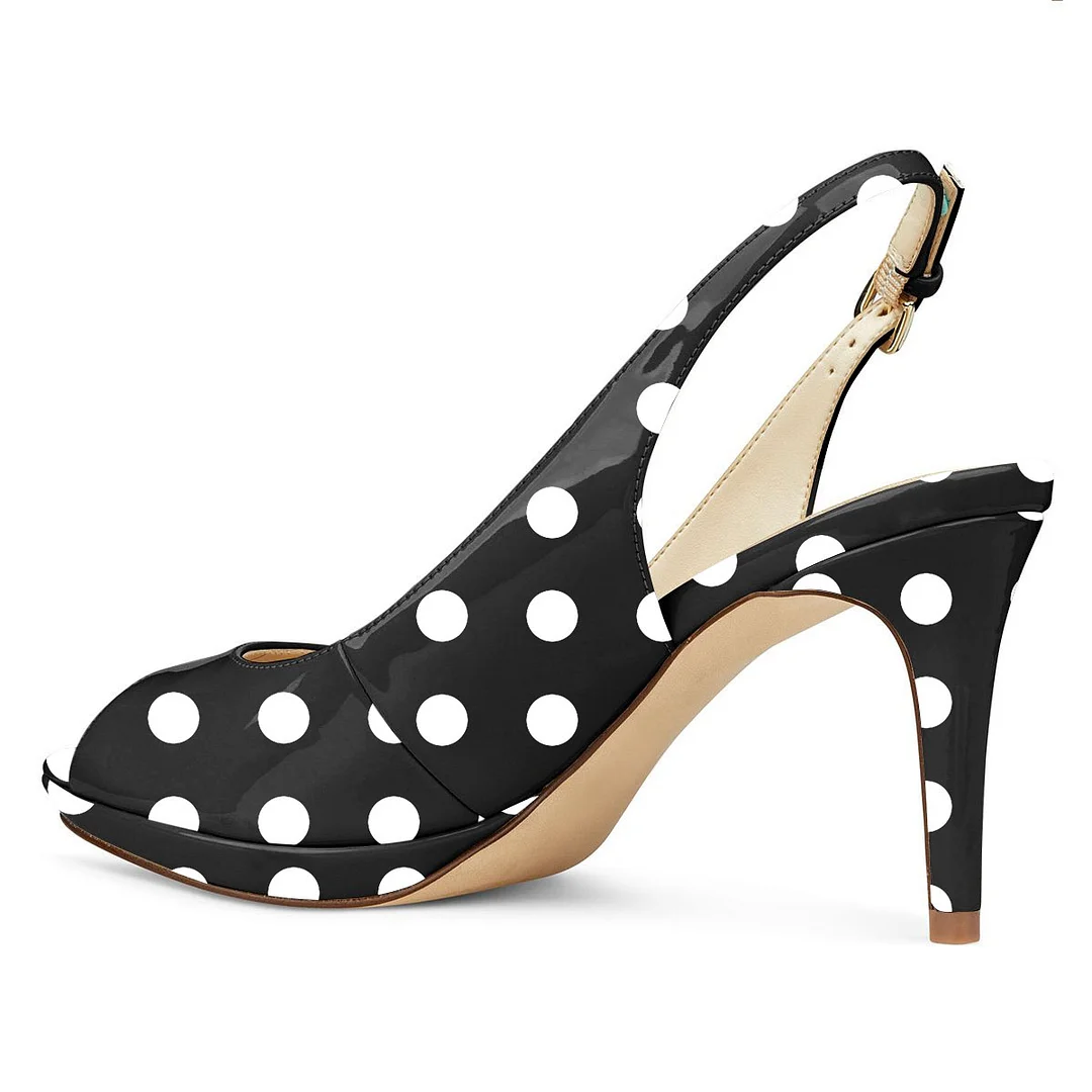 Black & White Polka Dot Patent Leather Platform Slingback Sandals