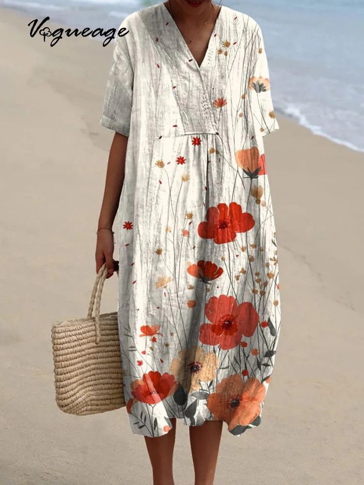 Casual Simple Elegant Floral Printed Women's Casual Cotton And Linen Dress