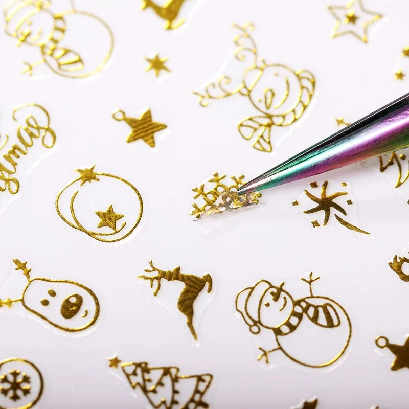 Gold Bronzing 3D Christmas Nail Art Decoration Sticker Sparkly White Colorful Glitter Geometry Snowflake Winter Slider Foil
