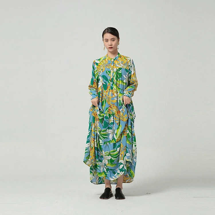 Temperament Loose Half Stand Collar Floral Printed Pleated Back Long Sleeve Dress