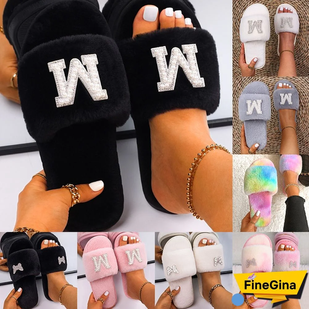 Women Winter Fur Slippers Fashion Multicolor Faux Fur Sandals Plush Warm Indoor Flat Slides Letters Butterfly Diamond Design Home Indoor Shoes