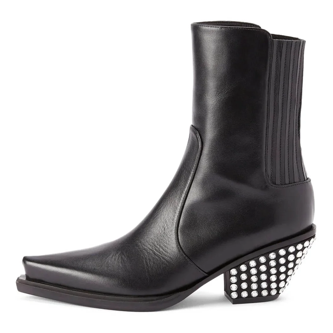 Elegant Black Rhinestone Slip On Pointed Toe Cowboy Boots for Women