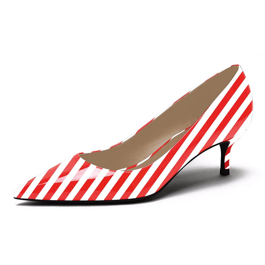 Pointed Toe Patent Leather White & Red Low Heel Pumps with Stripes