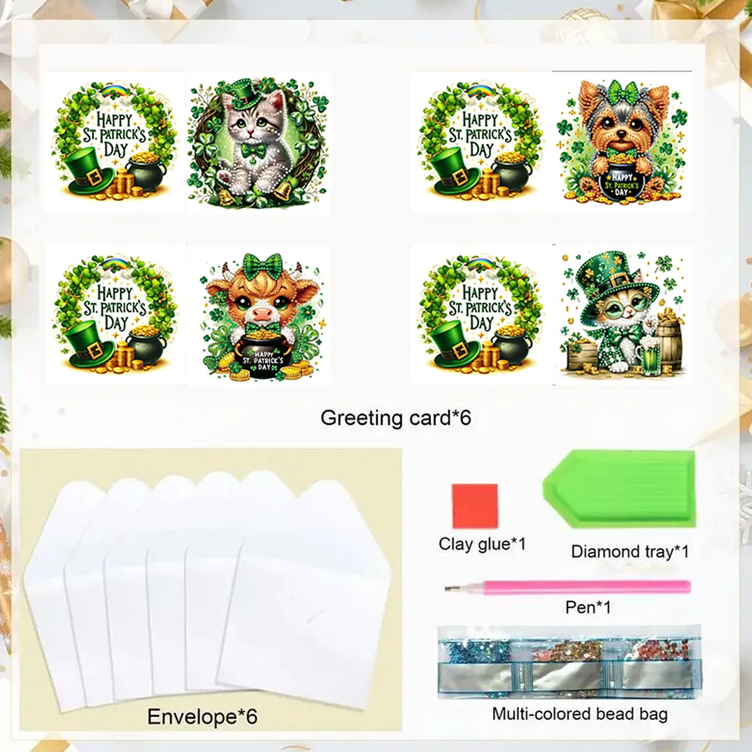 6Pcs St.Patrick Day Animals DIY Diamond Painting Greeting Card Set with Envelopes Diamond Art Handmade Cards for Beginner Adult Holiday Gifts