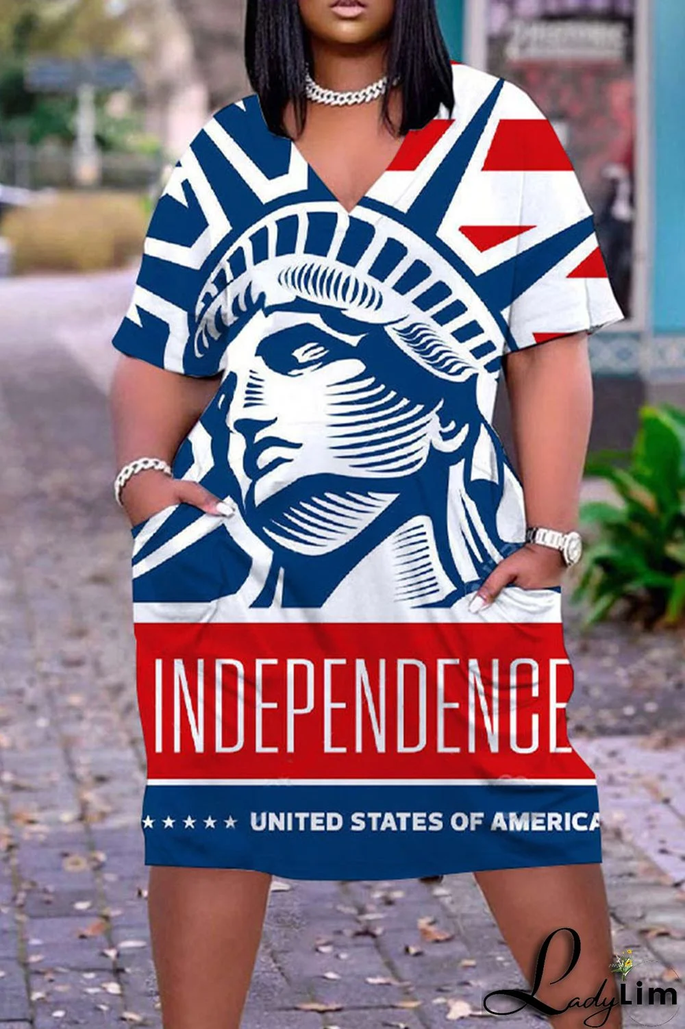 Deep Blue Casual Print Patchwork V Neck Dresses