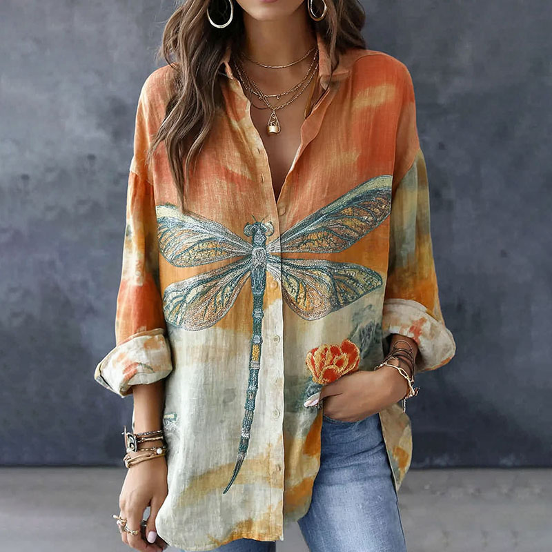 Retro Dragonfly Andfloral  Pattern Linen Long Sleeve Shirts elevenforest