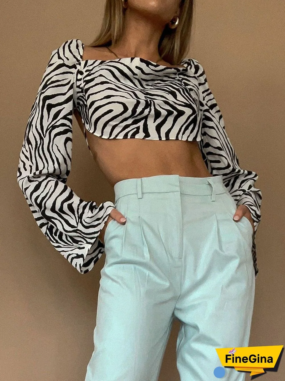 Zebra Print Elegant Sexy Backless Lace Up Blouses Women Fashion Autumn Club Party Long Sleeve Shirts Crop Tops