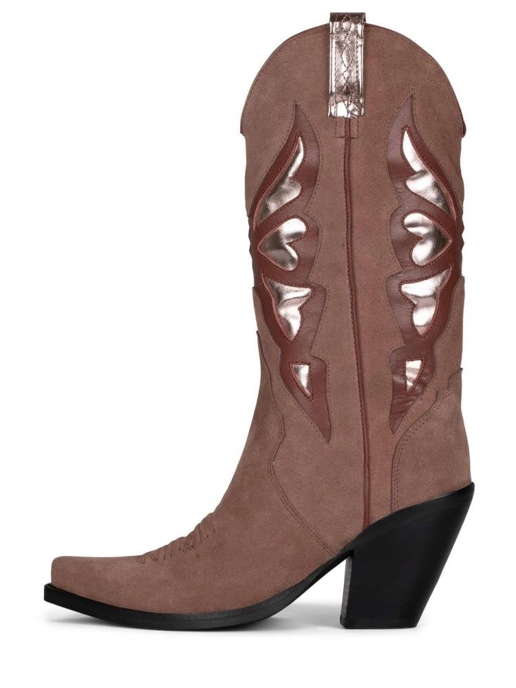 Metallic Bright Butterfly Western Pointed-Toe Mid Calf Chunky Heel Boots