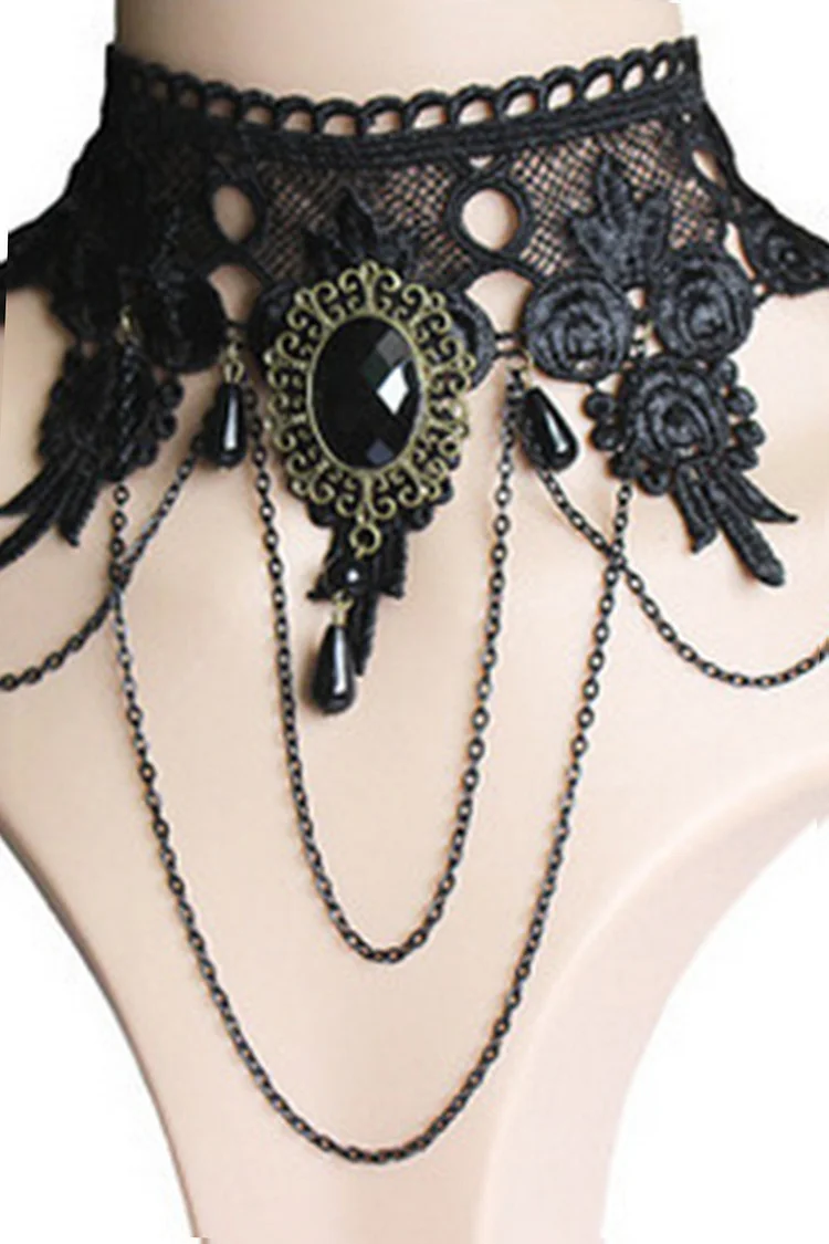 Gothic Black Party Lace Layered Chain Jewel Alloy Choker