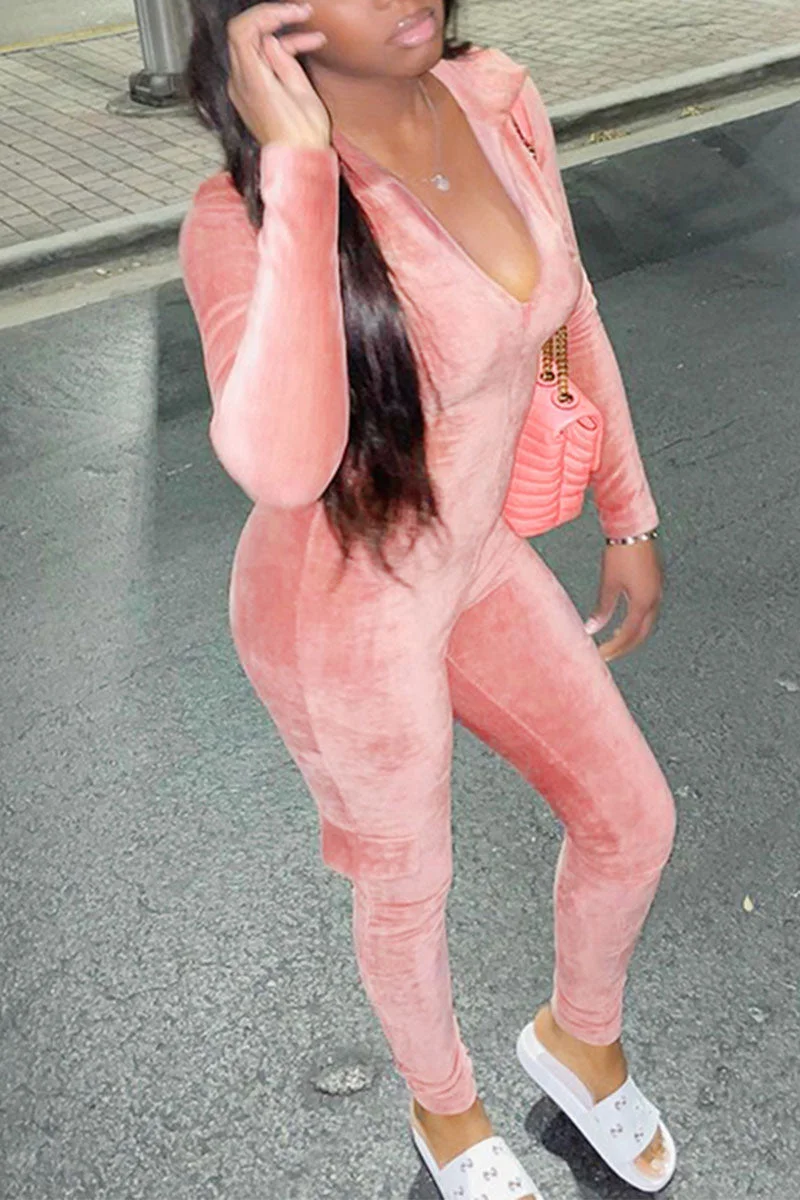 Sexy Solid Split Joint Zipper Collar Regular Jumpsuits