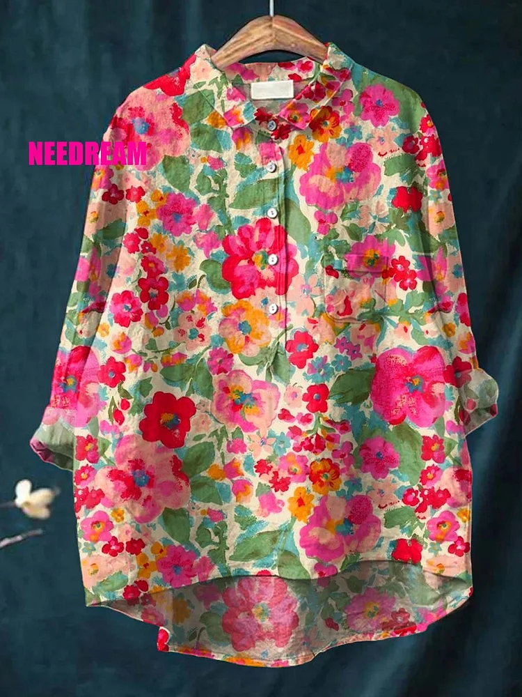 Womens Watercolor Floral Pattern Pattern Casual Cotton And Linen Shirt