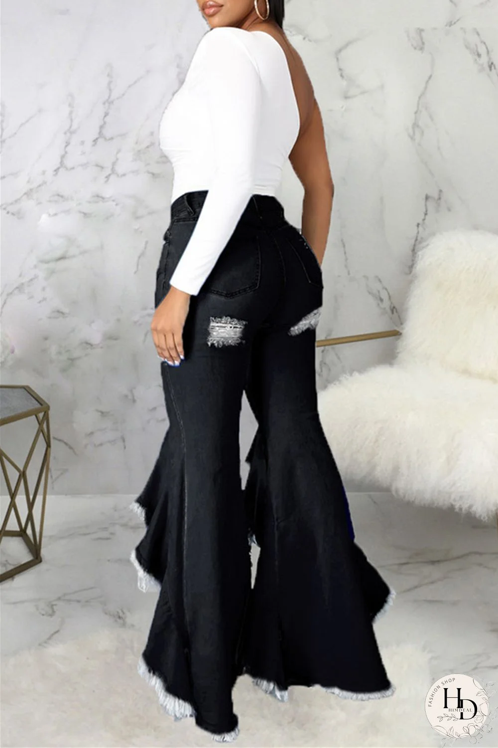 Baby Blue Fashion Casual Solid Ripped Asymmetrical High Waist Regular Jeans