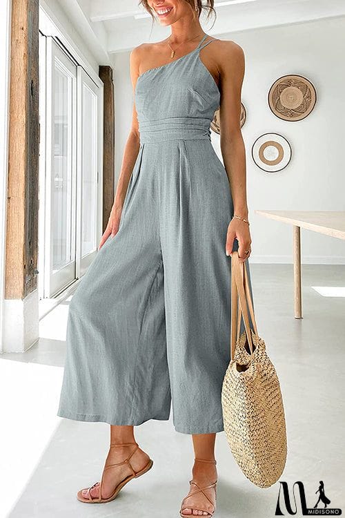 MidiSono - One Shoulder Straps Wide Leg Jumpsuits