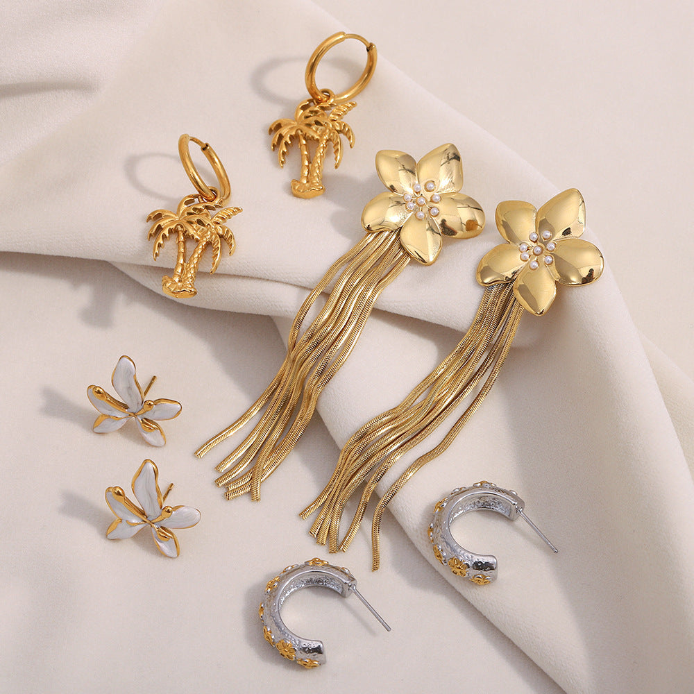 Stainless Steel 18K Gold Plated Oil Dripping Tassel Flower Earrings Coconut Tree Earrings For Women