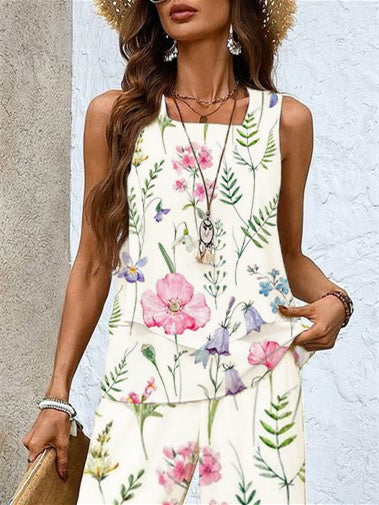 Women's Sleeveless Square Collar Floral Printed Casual Set