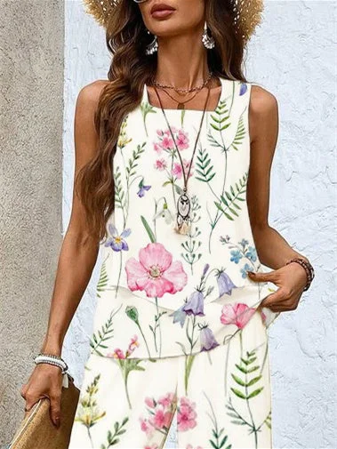 Women's Sleeveless Square Collar Floral Printed Casual Set