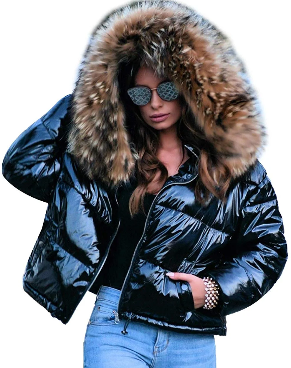 Women Winter Warm Down Jacket Thick Slim Flash Coat Down Outdoor Hood Parka Short Slim Jacket Black