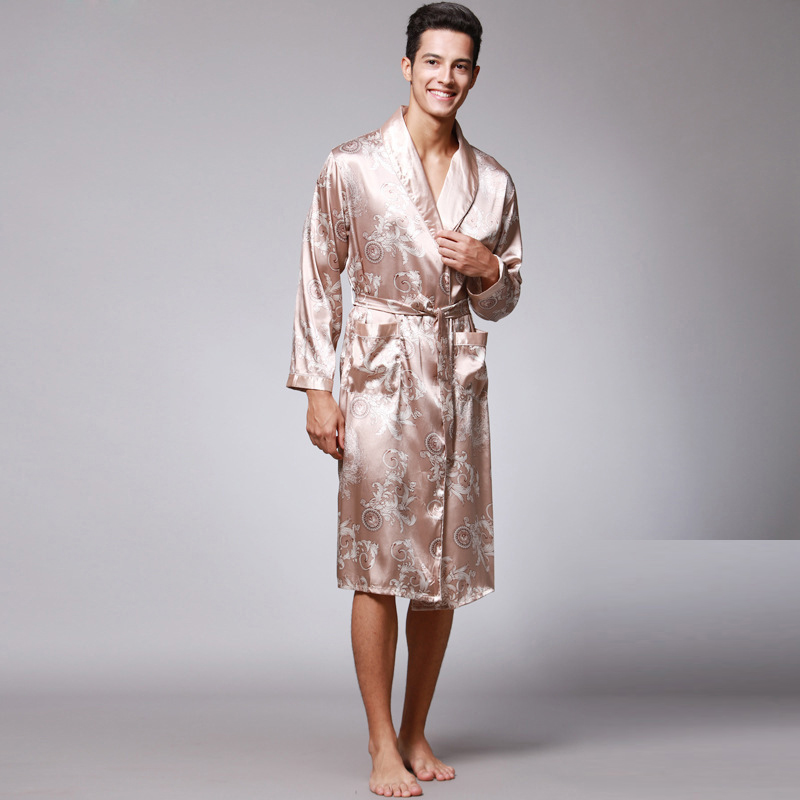 Trusthomeno Men Sleepwear Shower Robe Bathrobe Man Pajama with Belt Imitation Silk Printing Bathrobe Satin Pijama Hombre Pyjama Loungewear