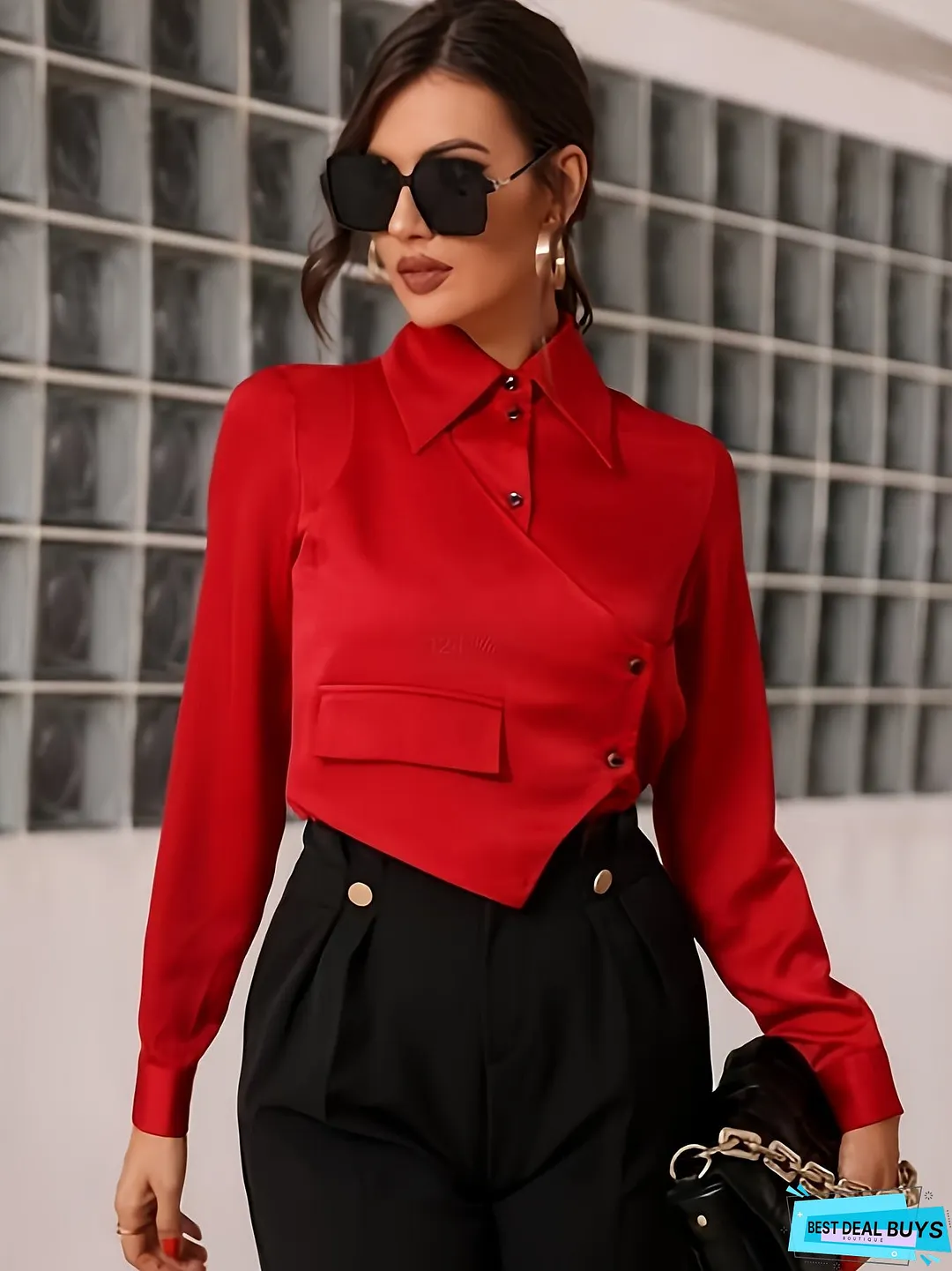 Button Front Asymmetric Crop Blouse, Stylish Long Sleeve Lapel Blouse For Spring & Fall, Women's Clothing