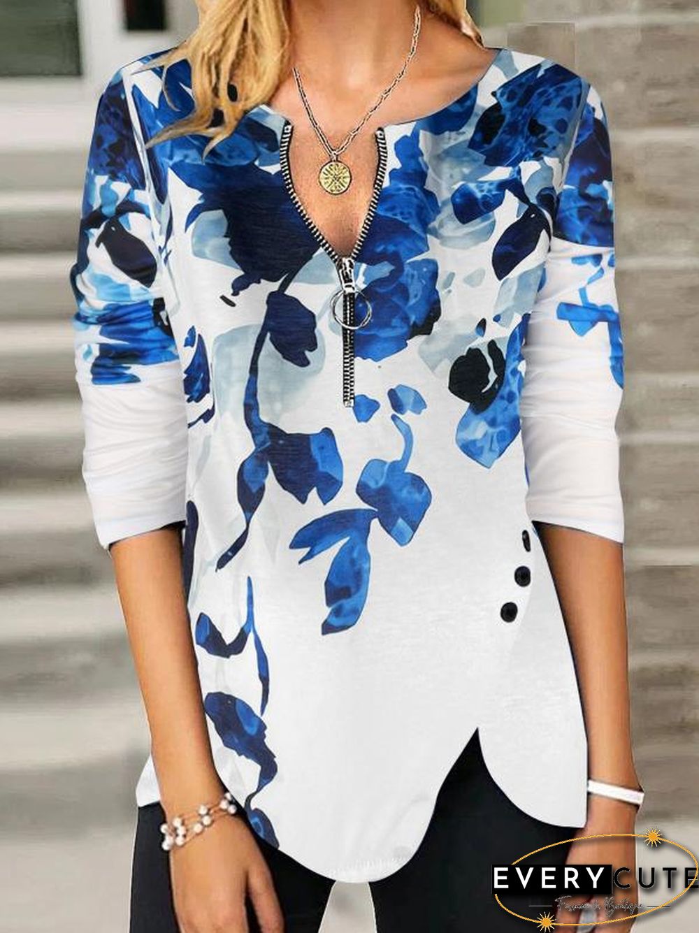 Printed Zipper Side Split Button Tops