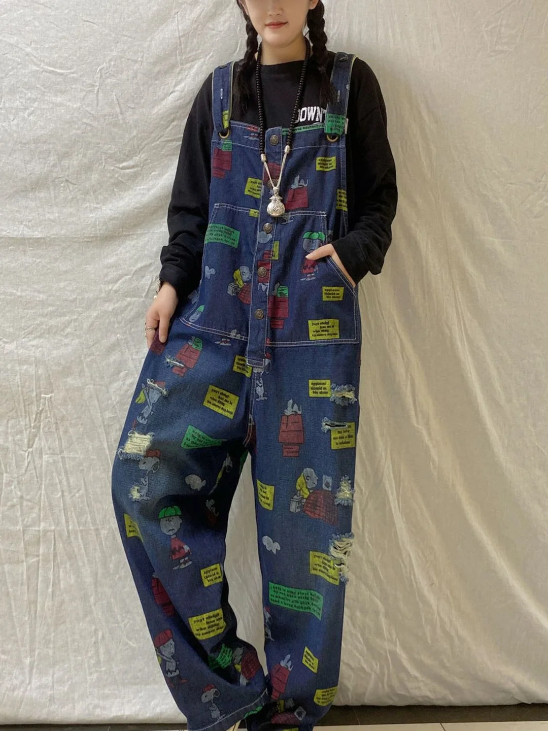 Women's Casual Retro Cropped Workwear Denim Overalls Jumpsuit