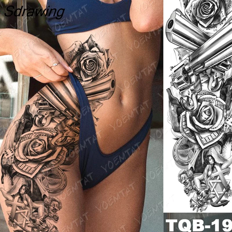 Sdrawing Arm Sleeve Tattoo Tiger Lion Wolf Owl Waterproof Temporary Tatto Sticker Crown Warrior Body Art Full Fake Tatoo Men Women