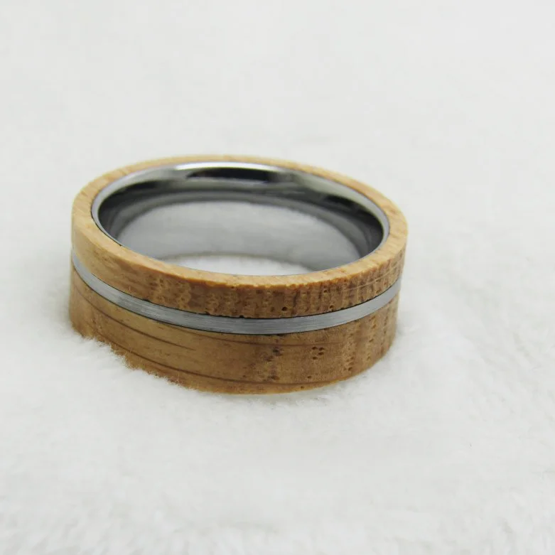 8MM Silver Flat 1/3 Slot Yellow Tungsten Bands For Mens And Womens With Wine Barrel Wood Wedding